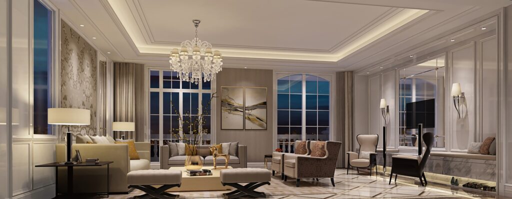 beautiful modern living room interior design 3d rendering